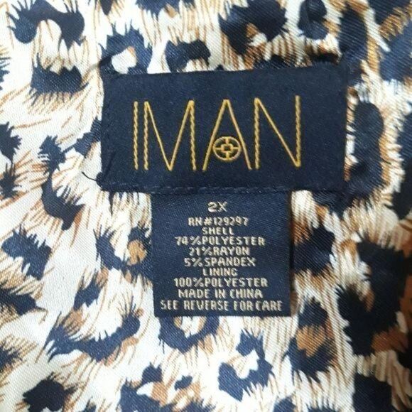 IMAN Blazer Boyfriend Leopard Cuffs Single Breasted Lined Pockets Black Sz 2X - Picture 3 of 8